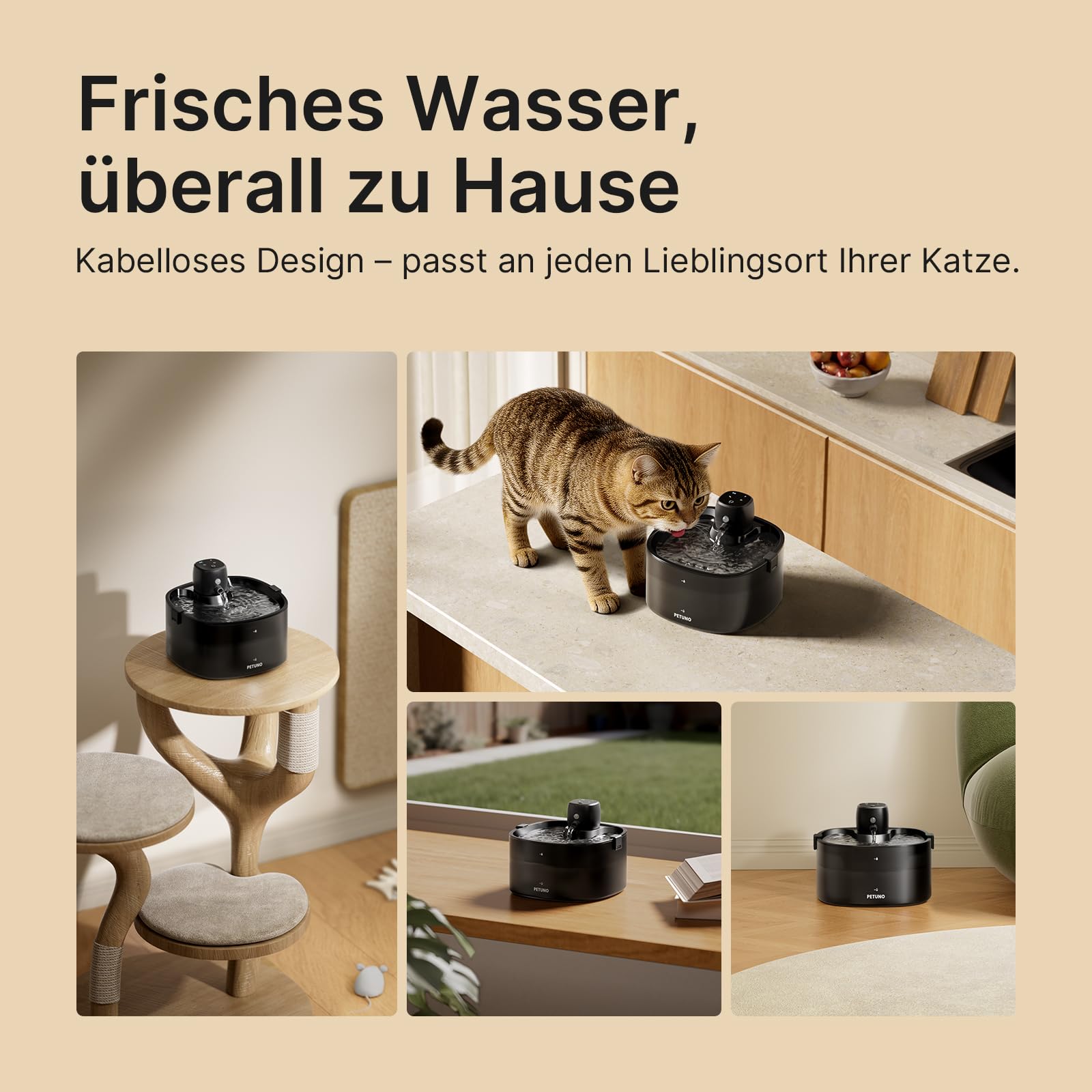 2,3L Katzenbrunnen Kabellos Batteriebetrieben, Schwarz | 4000mAh-Akku, Bewegungsmelder, Ultraleise Pumpe, Verriegelbarer Deckel, Automatischer Trinkbrunnen für Katzen