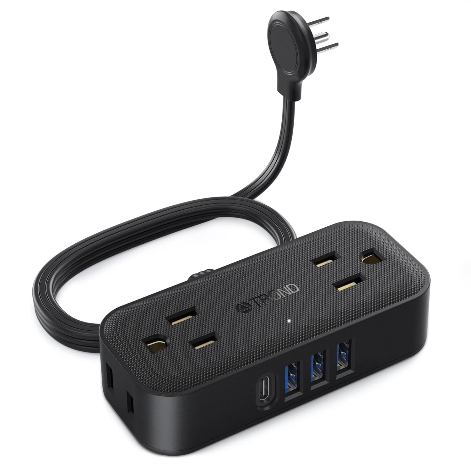 USB C Flat Plug Power Bar, TROND UltraThin Extension Cord Indoor, 4 Widely Spaced Outlets 4 USB