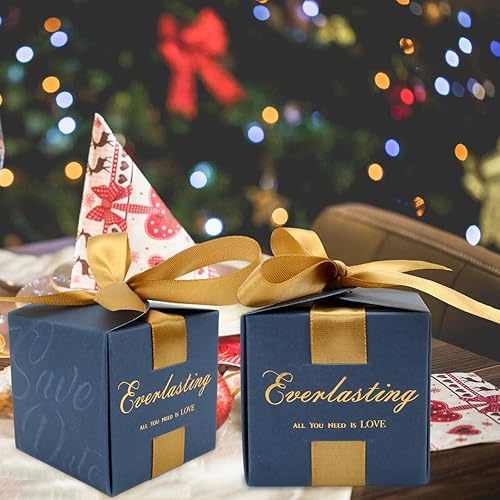 Miniatura 7 de Yoption 50 cajas de dulces para fiesta de boda, 2.5 x 2.5 x 2.5 pulgadas, color azul marino, caja de recuerdos de boda con cintas para decoración de