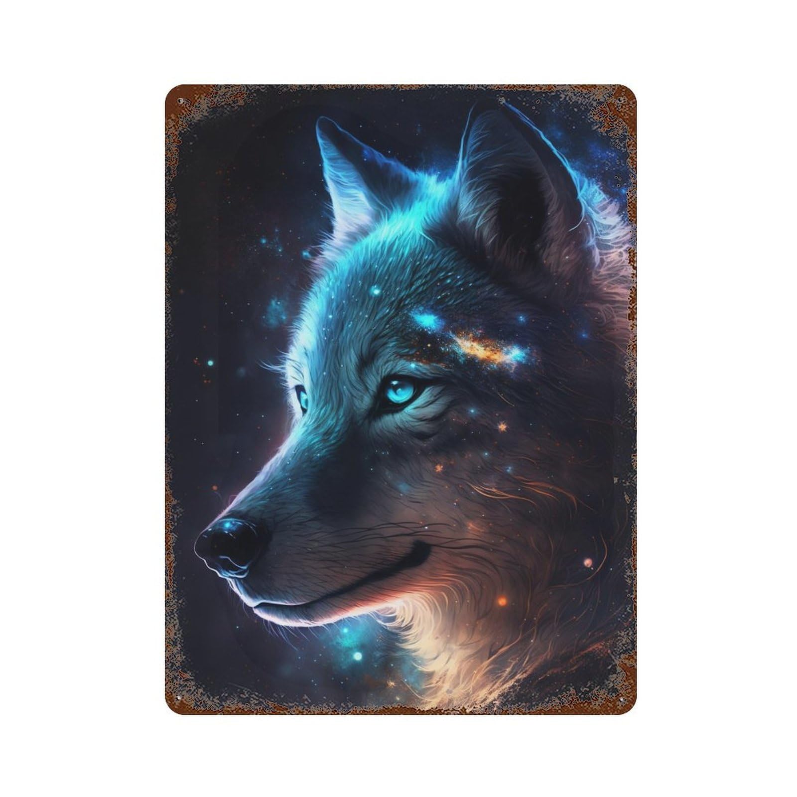 Rust Effect Cosmic Wolf Portrait-4 Aged Metal Wall Plaque 15.7"x11.8", Classic Wall Plaque for Basement, Hobby Room And Garage Decor