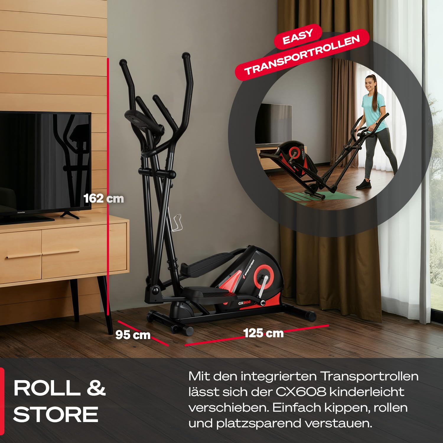 Sportstech CX608 Crosstrainer für Zuhause, leiser Ellipsentrainer mit 8 Widerstandsstufen, 10 kg Schwungrad, LCD Display, Pulssensor bis 120 kg, Fitnessgeräte für Zuhause