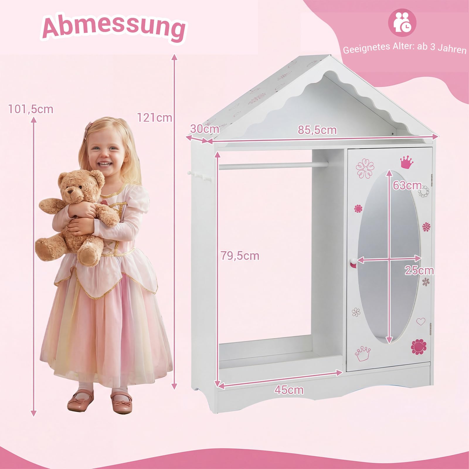 COSTWAY Kinder Kleiderschrank in Hausform, Kindergarderobe mit Spiegel, Kleiderstange, Regalen & Haken, Kinder Kleiderschrank für Kinderzimmer, Kleiderständer für Mädchen ab 3 Jahren (Weiß)