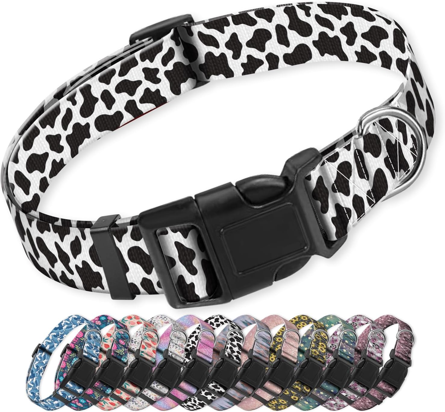 Dog Collar Adjustable, Cute Pet Collar with Quick Release Buckle, Soft Heavy-Duty Puppy Collar for Medium Dogs Black White Cow Print, M