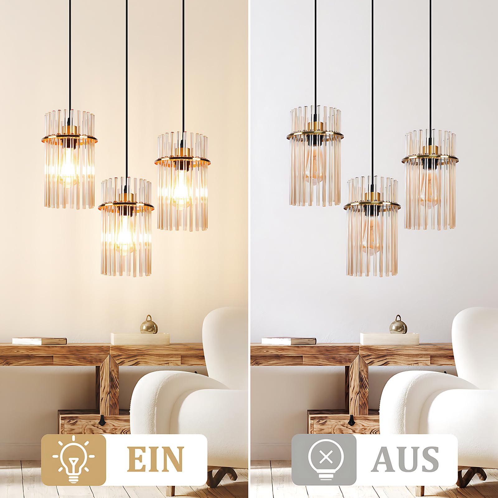 Pendelleuchte 3 Flammig Hängelampe Esstisch - Hängeleuchte Glas Rund E27 Pendellampe Gold für Esszimmer Küche Wohnzimmer Cafe Bar (ohne Leuchtmittel)