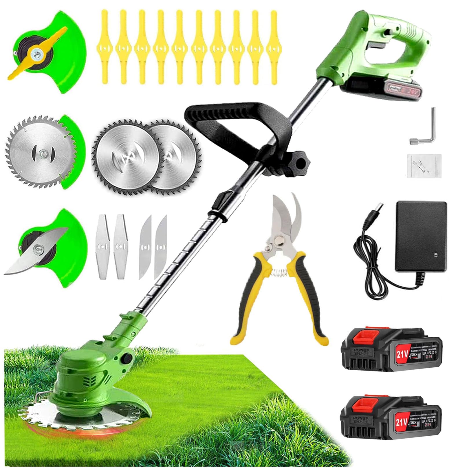 21V String Trimmer Cordless Battery Powered Weed Wacker, 2 X 2.0Ah Battery and a Charger, Brush Cutter Lawn Mower Edger Lawn Tool for Garden and Yard