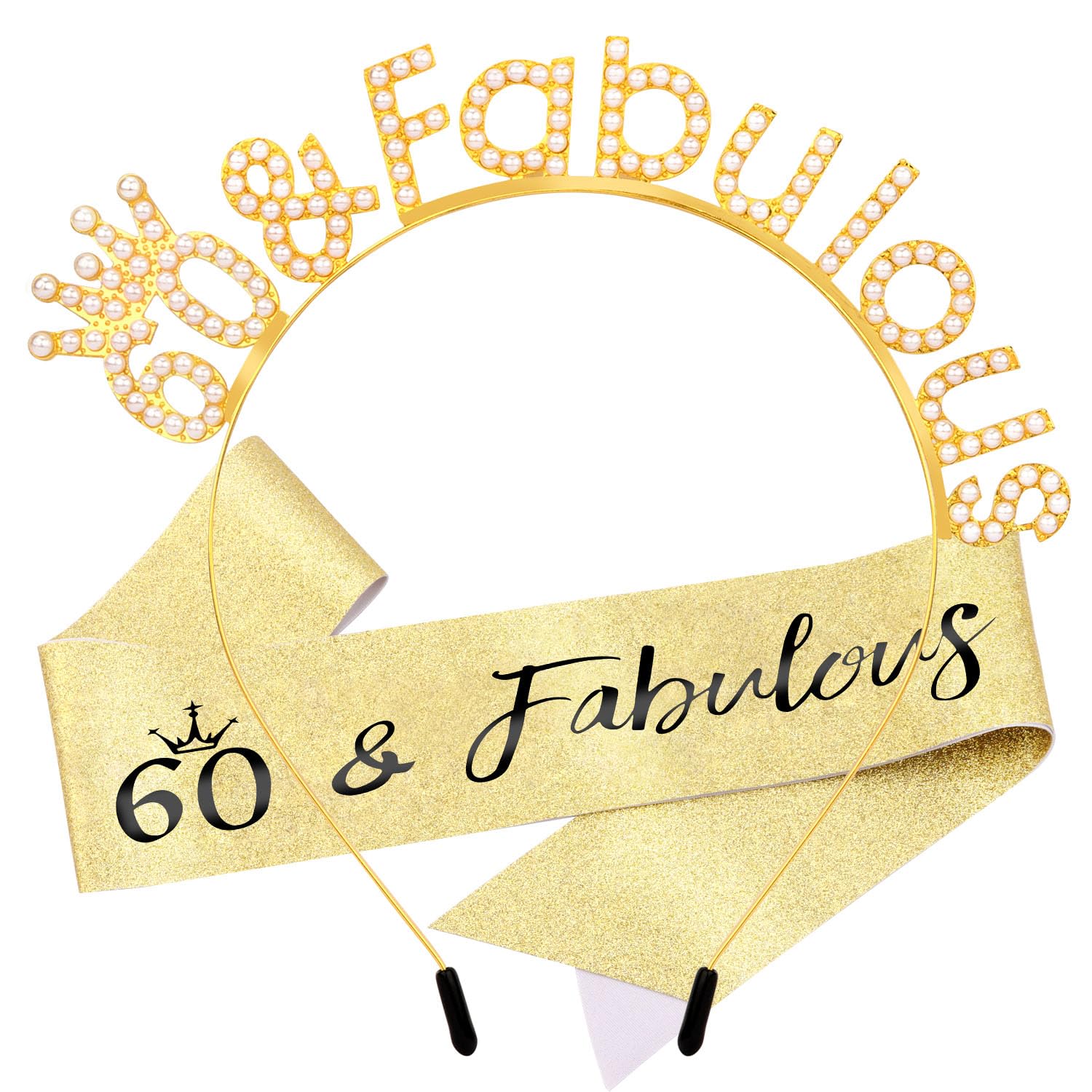 Atoden 60th Birthday Decorations for Woman 60 and Fabulous Birthday Sash Headband Tiara Queen Crown Gifts for 60 Year Old Women Accessories Gold Pearl