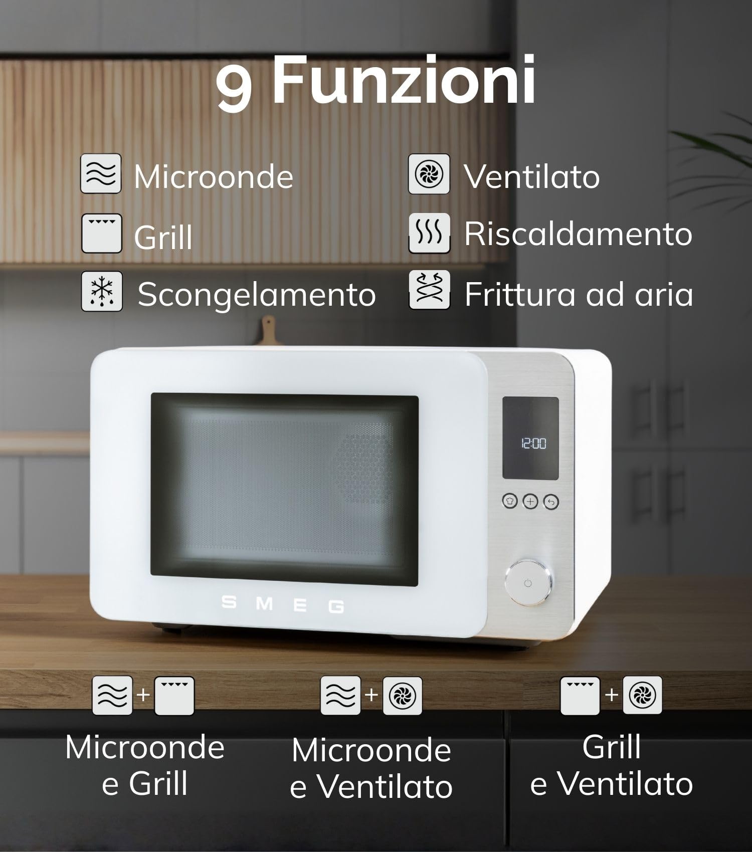 Smeg, Forno a Microonde Combinato MOC02BLMEU, 9 Funzioni e 3 Combinate, 25 Programmi Automatici, Tecnologia Inverter, Sistema Soft Close, Accessorio Griglia Incluso, 2100 W, Nero Opaco