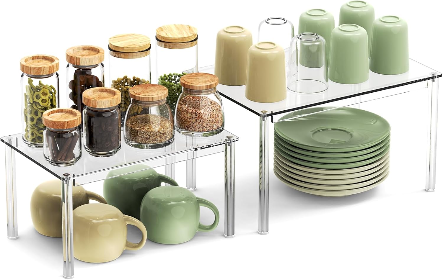 4Pack Acrylic Cabinet Organizer, Clear Cabinet Organizer Shelf, Spice Rack Organizer for Cabinet for Dishes, Spices, Soda Cans and Bottles, Stackable Shelves House Essentials for Gift