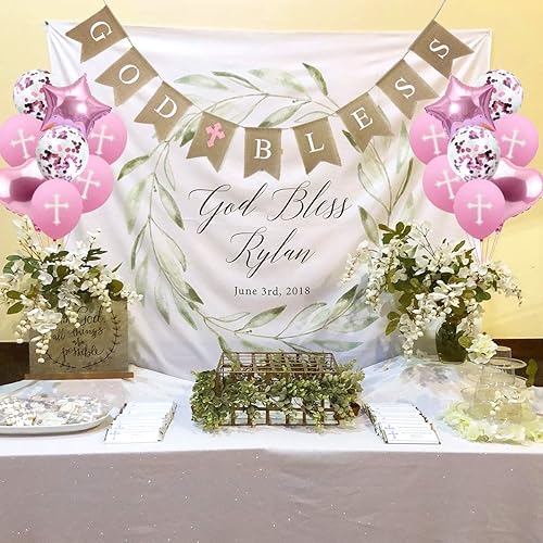 Miniatura 3 de Banner de bautismo con texto en inglés God Bles, decoraciones de bautismo para niña, globos de confirmación, globos de primera comunión, globos