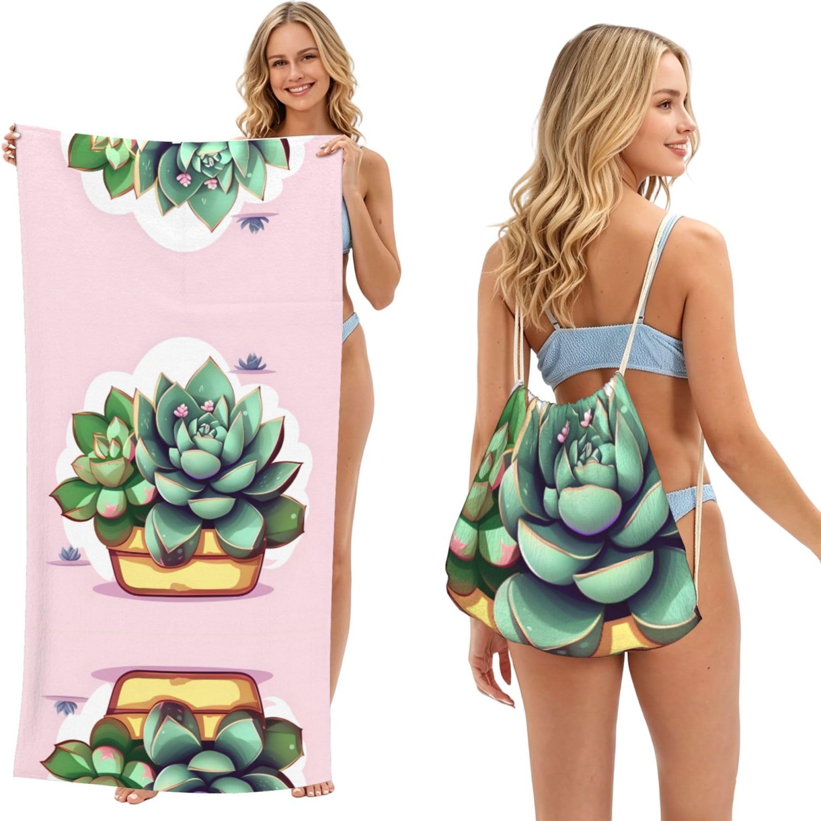 SXZVVBN Cartoon Succulents 2-in-1 Beach Towel Bag, Quick Dry Sand Free Travel Towel Backpack for Adults