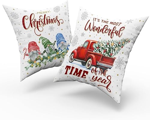 Miniatura 2 de Giwawa Juego de 2 fundas de almohada de Navidad de 18 x 18 pulgadas, diseño de árbol de Navidad, copos de nieve, gnomo, camión rojo, fundas de cojín