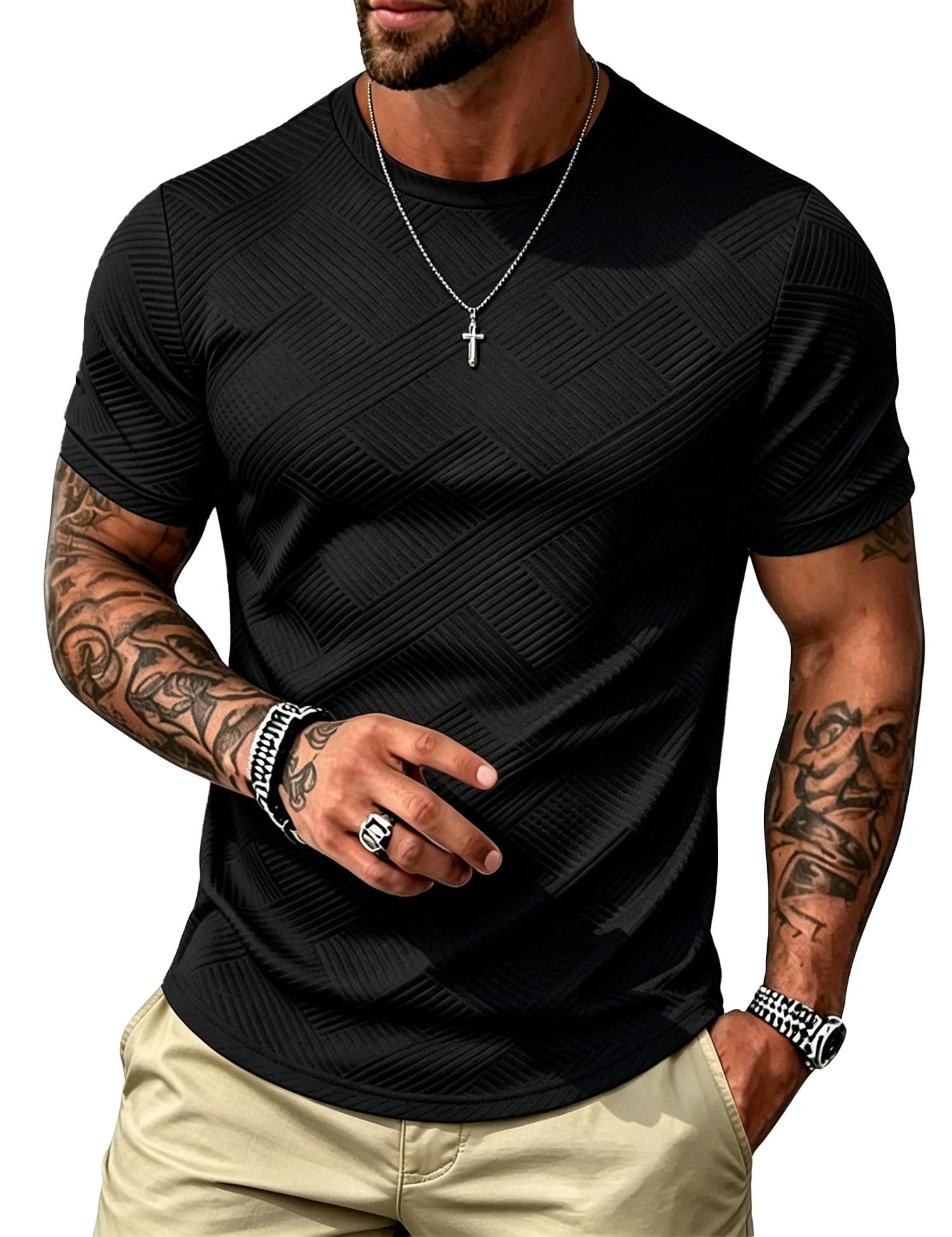 UOUA Men's Crewneck Sweatshirts Soild Color Geometric Texture T Shirts Short Sleeve Casual Pullover Shirt