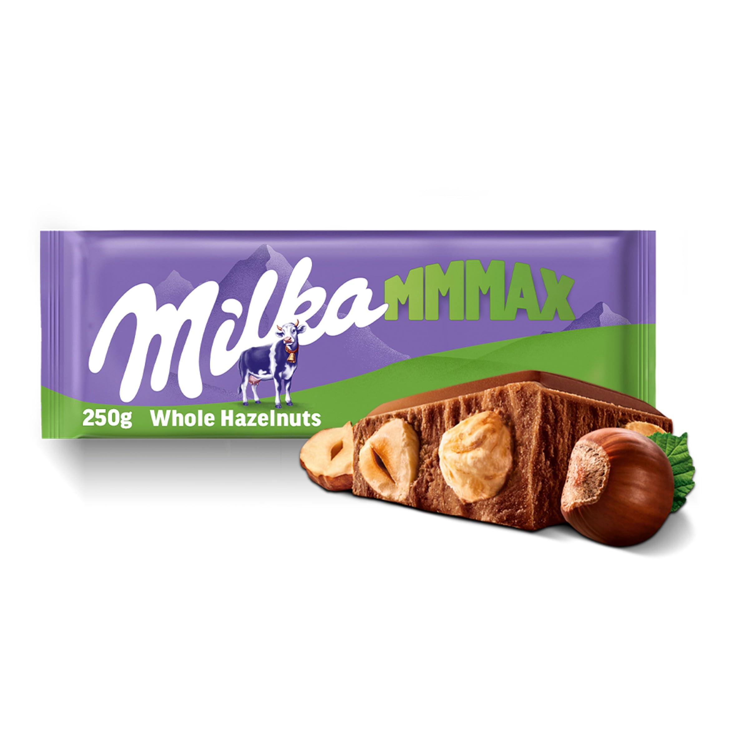 Milka Mmmax Alpine Milk Chocolate Bar with Whole Hazelnuts, Large Creamy Chocolate Packed with Crunchy Nuts 250 g Bar (Pack of 1)