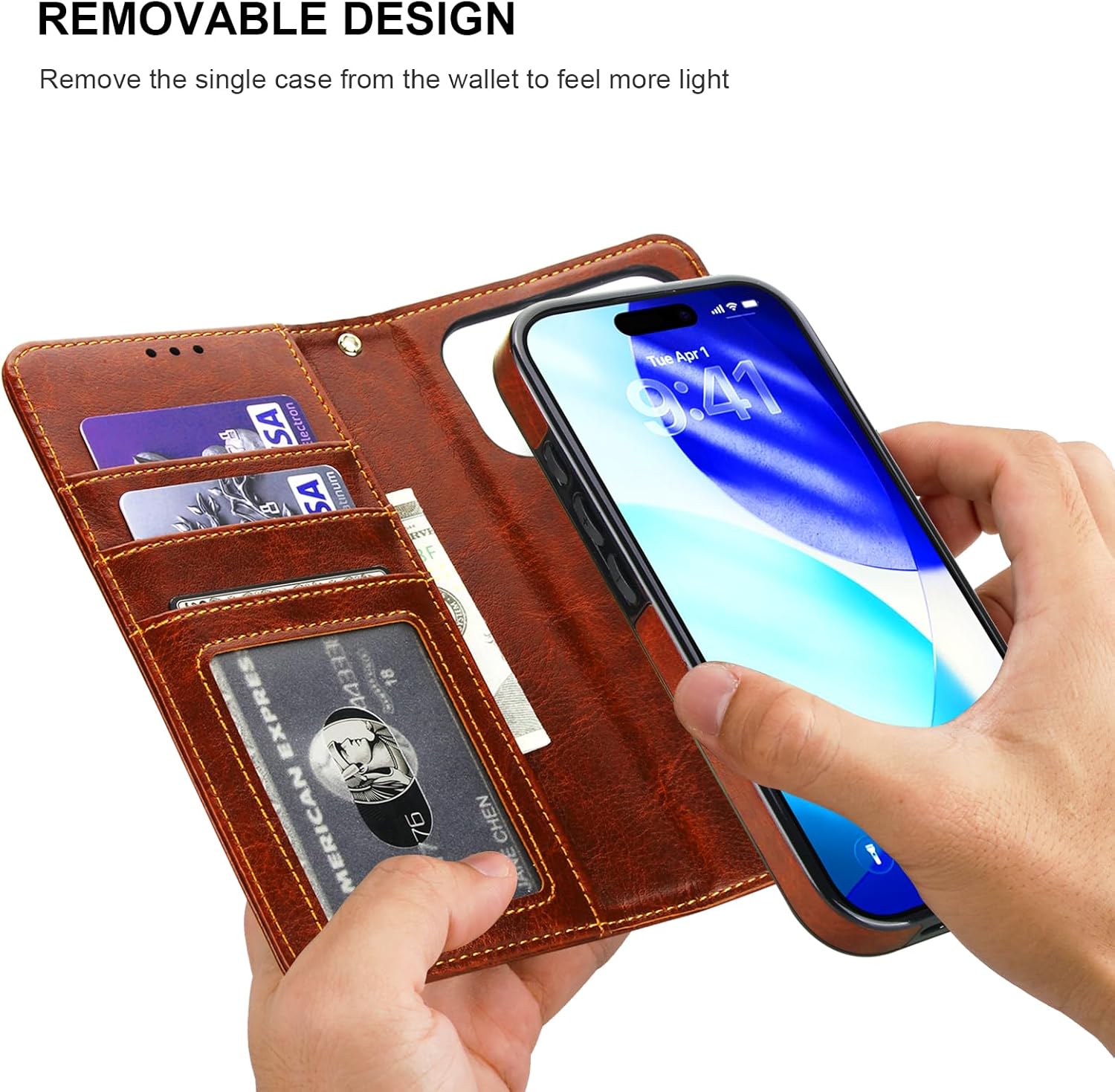 Bocasal Detachable Wallet Case for iPhone 17 Pro RFID Blocking Card Slots Holder Premium PU Leather Magnetic Kickstand Shockproof Wrist Strap Removable Flip Protective Cover 5G 6.3 inch (Brown) - Image 3