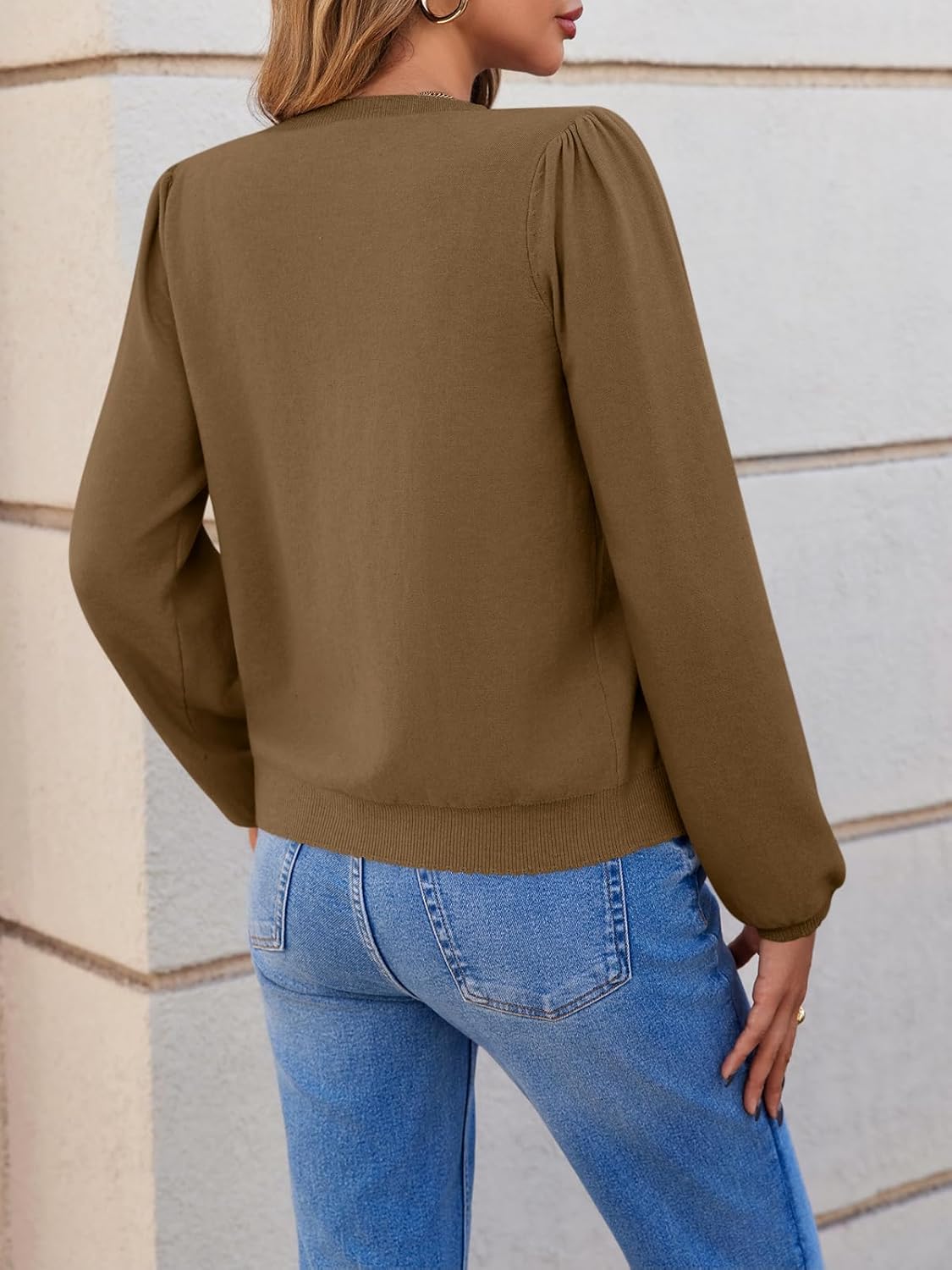 Saodimallsu Womens Puff Long Sleeve Cardigan Sweaters Fall Button Down Lightweight Knit Crew Neck Sweater Shirts - Image 6