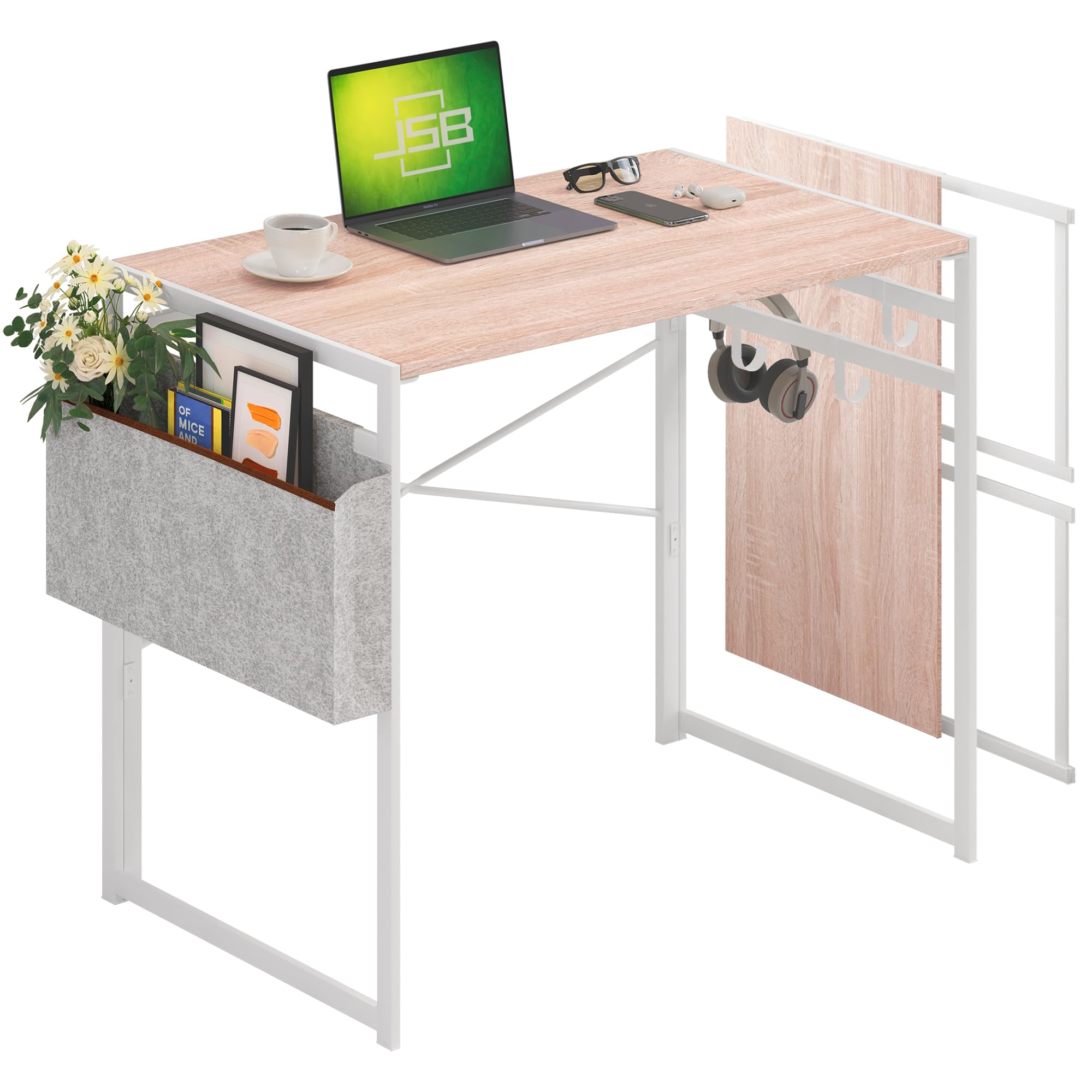 JSB Small Folding Computer Desk with Storage Bag and Hook Writing Modern Industrial Work Table Laptop for Home Office White (Natural & White, 31.5")