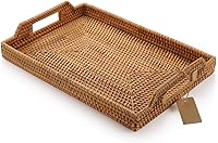 DECRAFTS Hand-Woven Rattan Rectangular Serving Tray with Handles - 14.5x10.2in Breakfast, Coffee Table, Snack Tray