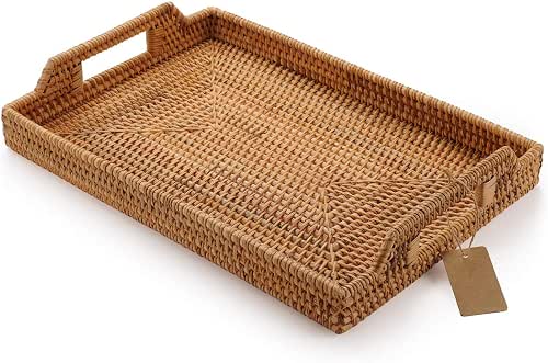 Hand-Woven Rattan Rectangular Serving Tray with Handles for Breakfast, Drinks,