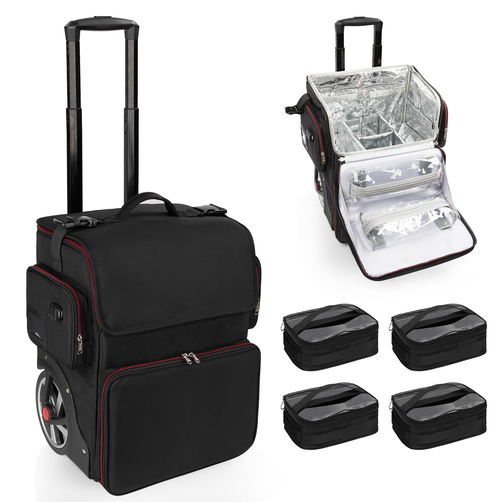 OCHEAL Large Makeup Train Case with 4 Clear Travel Makeup Bags Set, Cosmetic Makeup Case for Hairstylist, Hairdresser Storage Bag with Detachable Pouch,Heat Insulation and Anti-scalding Full layer