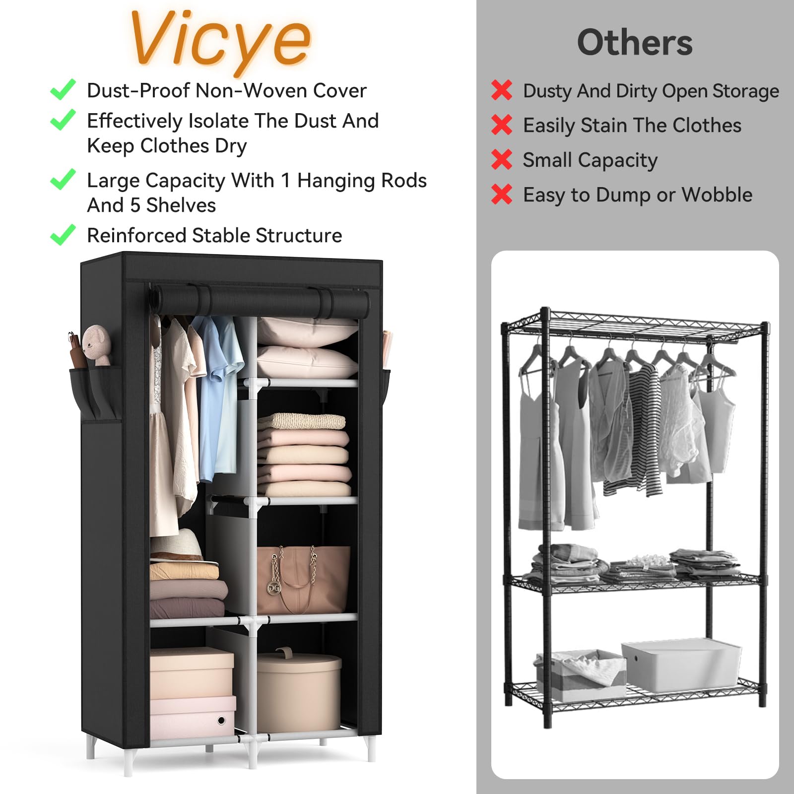 Vicye Armoire Chambre en Tissu, Armoire Penderie 2 Portes avec Barre de Suspension et Étagères, Penderie Tissu avec Housse pour Vestiaire Dressing Chambre (Noir, 84 x 42 x 162 cm)