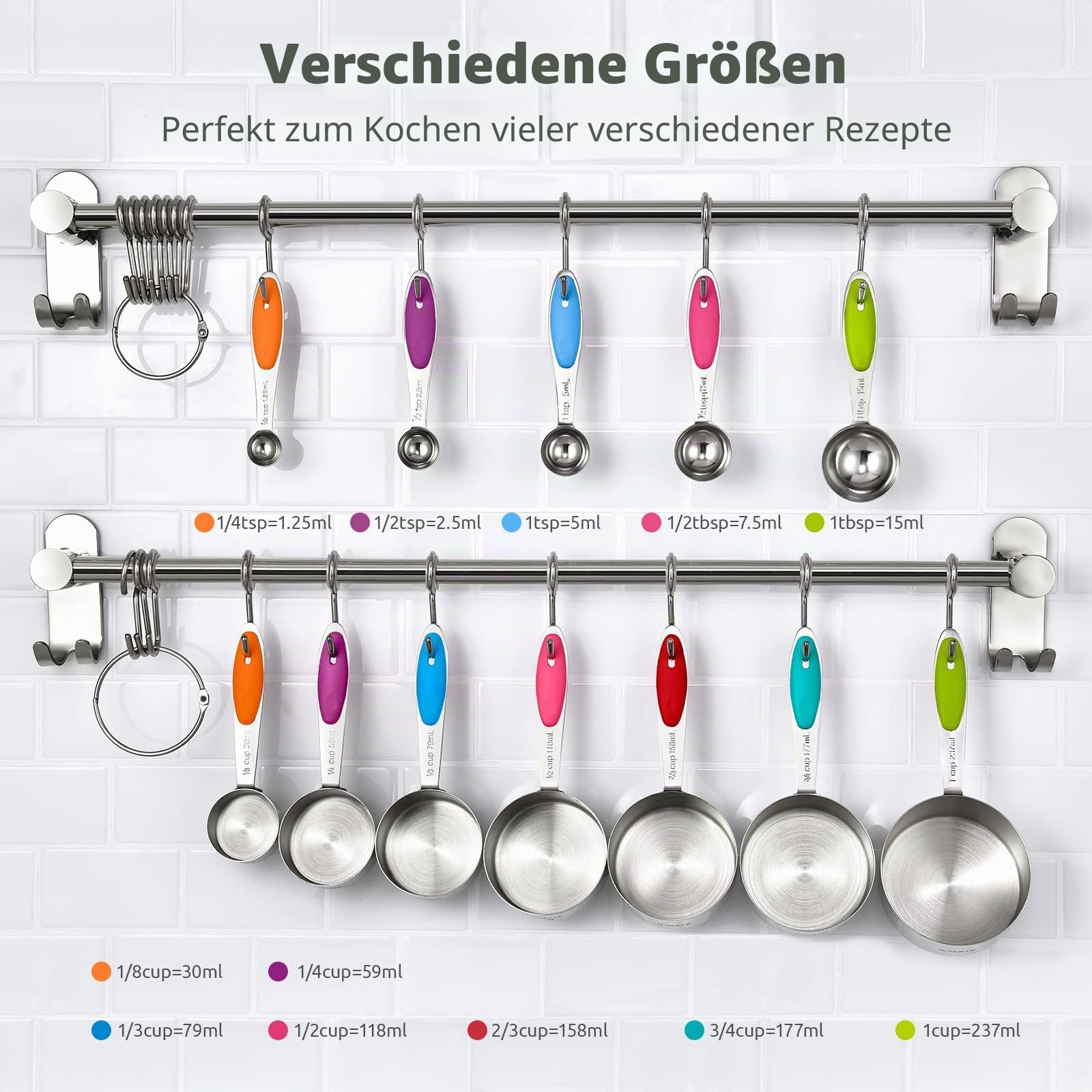 U-Taste 18/8 Edelstahl Messbecher und Messlöffel Set mit 12 Stück, Griff mit Verbesserter Dicke, Amerikanisch(Mehrfarbig)