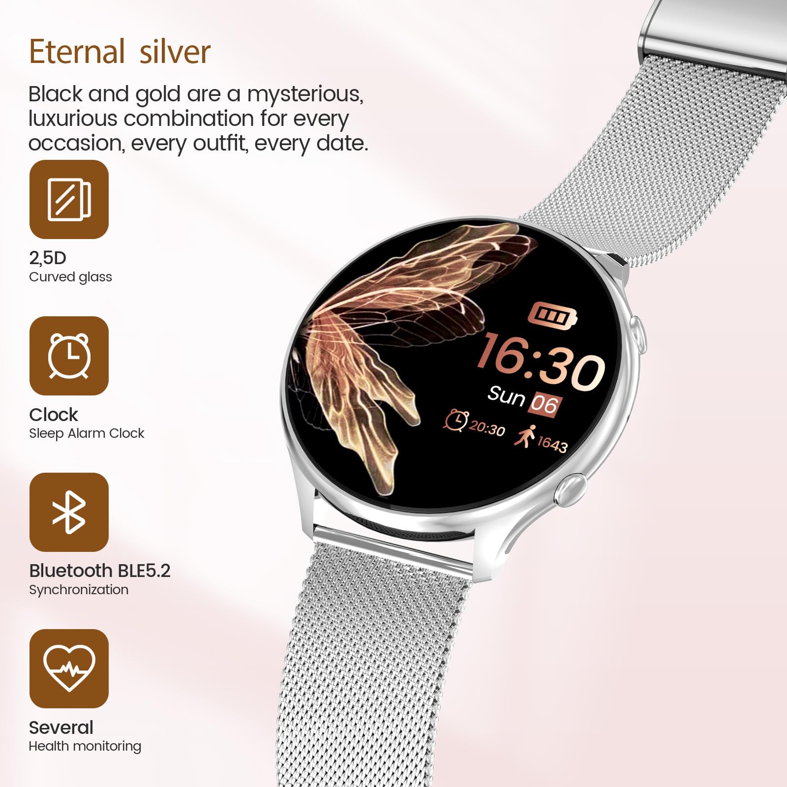 Smartwatch damski z funkcją telefonu, ekran dotykowy TFT HD 1,39", wodoszczelność IP67, 120 Sport SpO2, pulsometr, cykl menstruacyjny, monitor snu, zegarek na rękę do iOS Android, srebrny