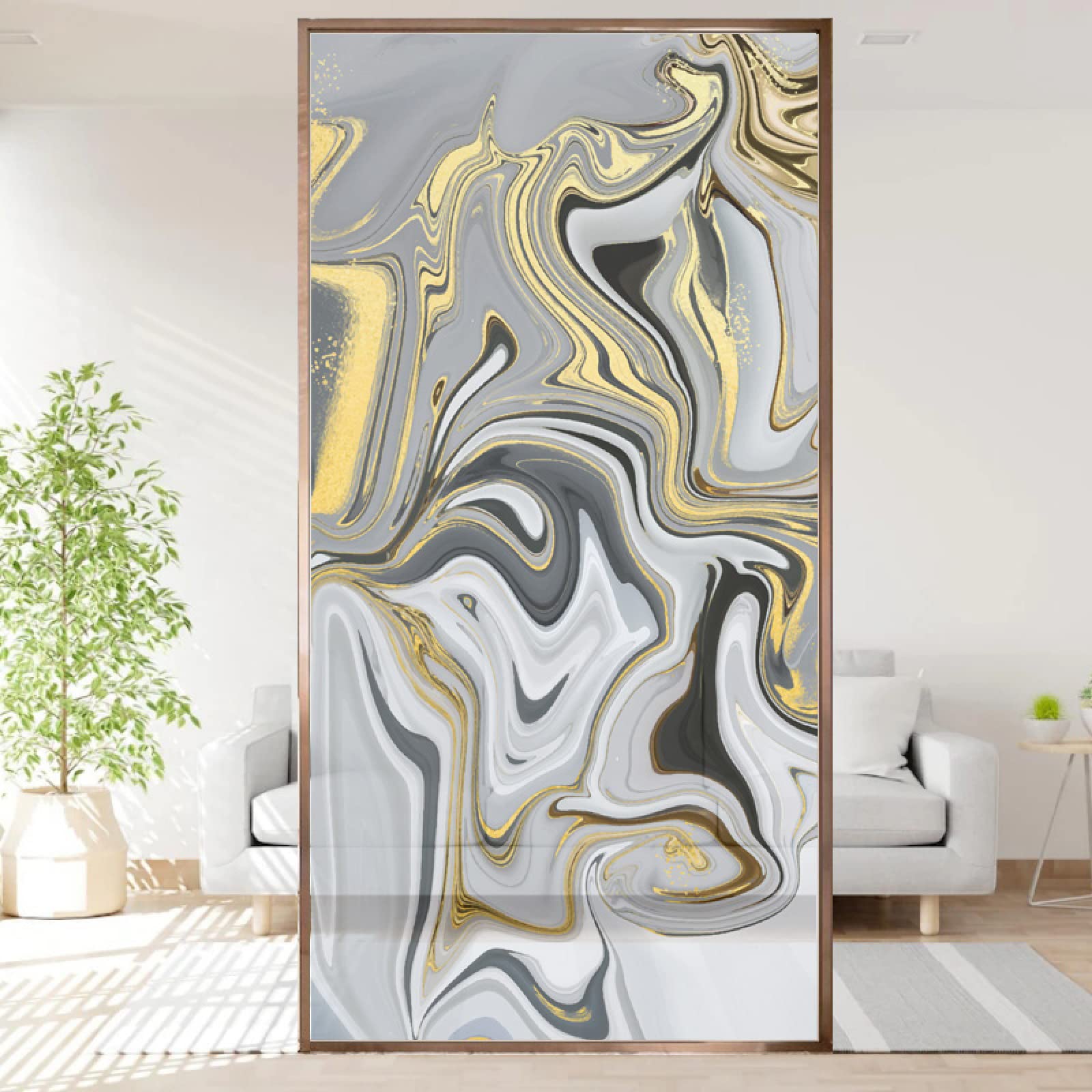 Fensterfolie 3D Schwarz Gelbes Zusammenfassung Privatsphäre Fensteraufkleber kein Kleber, Gute Privatsphäre Schutz, Fensterabdeckung Buntglasfolie, für Badezimmer, Küche und Konferenzräume 90x200 cm