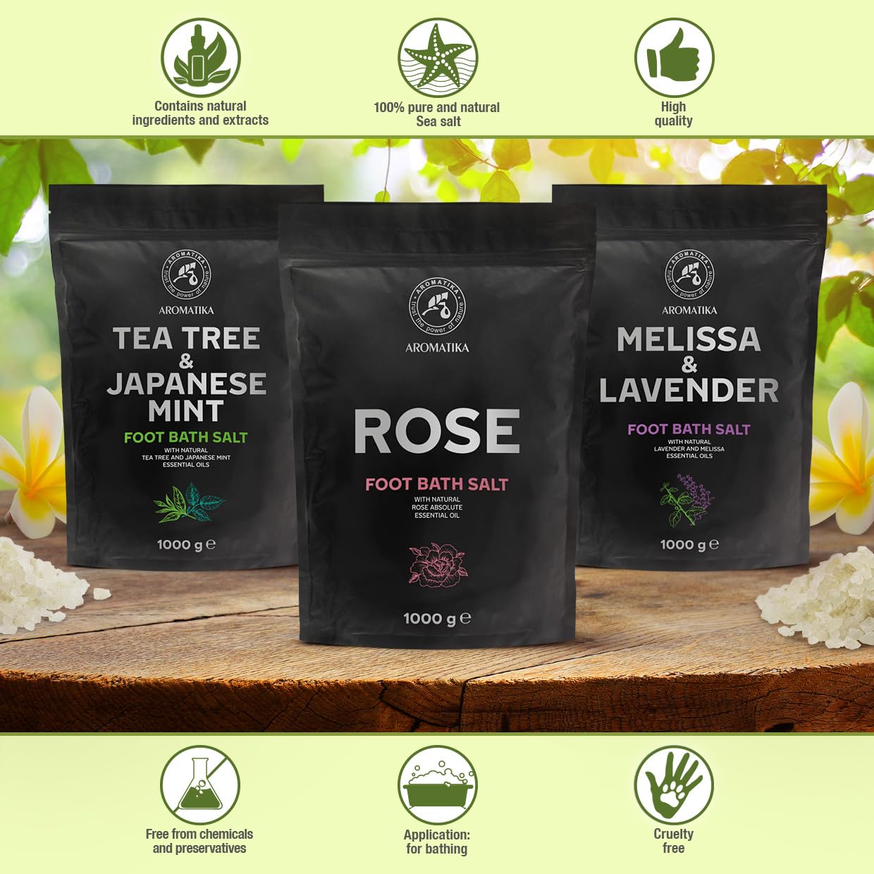 Set Sale per Pediluvio Lavanda e Melissa - Menta Piperita e Tè - Rosa 3x1000g - Pediluvio al Sale Marino Naturale - Pediluvio - Unghie - Pedicure - Sali Profumati da Bagno