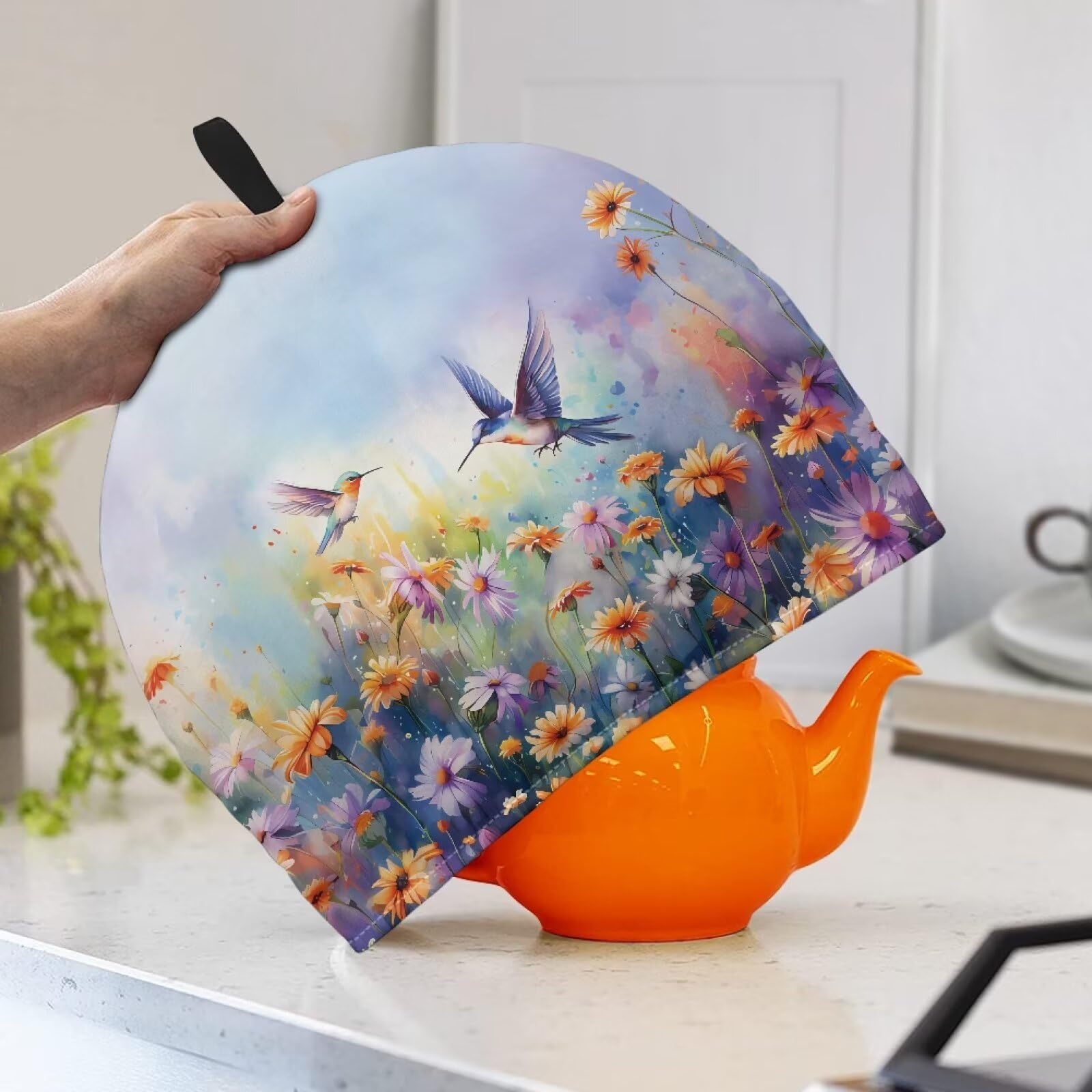 LJMKZJN Teapot Cozy Kettle Cover Tea Pot Cozy Cover Fits Most Teapots Large Teapot Cover for Keeping Warm Double Layer Thickening Tea Warmer, Hummingbirds Flower Bloom