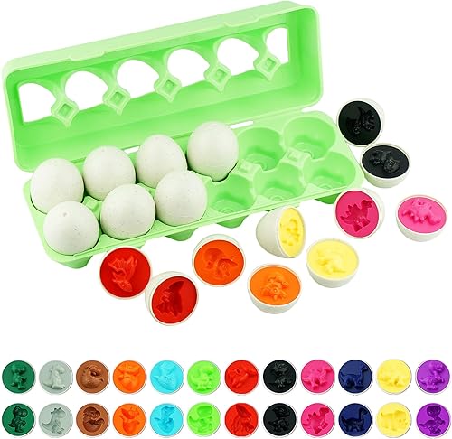 Dimple Juguete a juego de 12 huevos de dinosaurio a juego con soporte para huevos de Pascua con soporte - Juguetes de huevos para niños pequeños