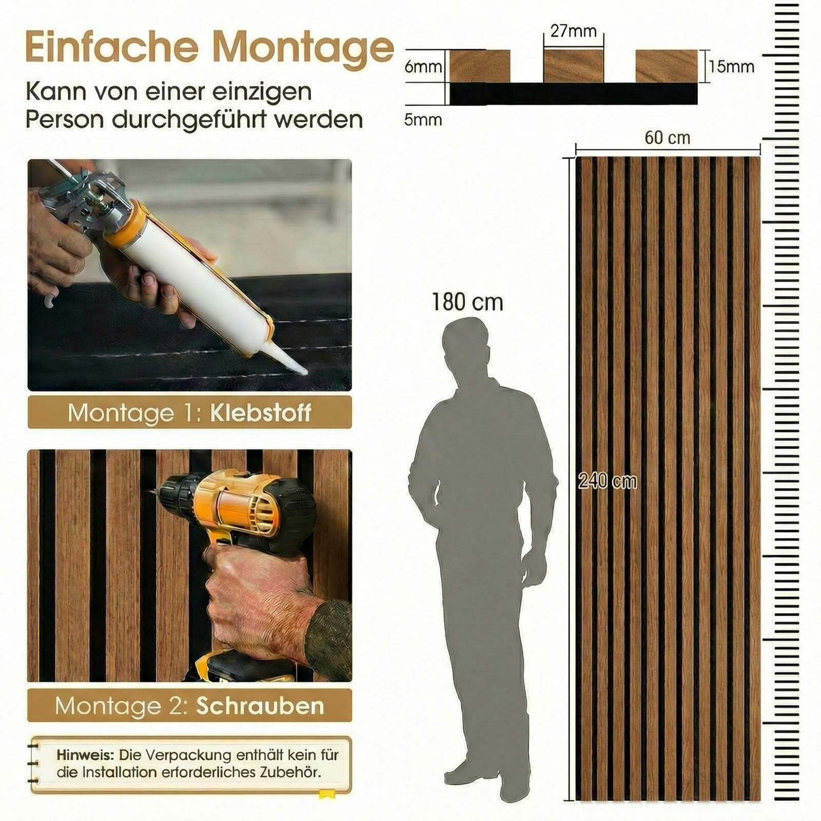 Akustikpaneele Holz 240x60cm, Teak, 4 Stück | Wandpaneele, Mit Holzfurnier & Filz, Für Zuhause & Büro, Für große Wandflächen