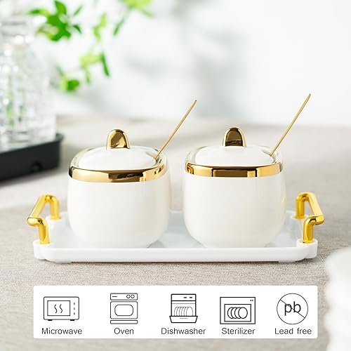Miniatura 3 de Azucarero de cerámica, paquete de 2 unidades, tarro de condimento de porcelana con bandeja, cuchara y tapa para azúcar, pimienta, café, especias,