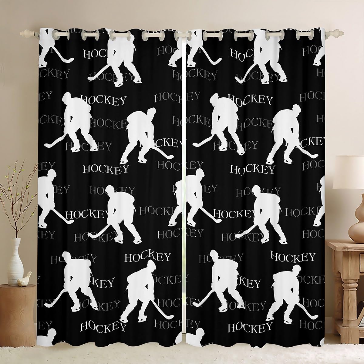 feelingyou Ice Hockey Blackout Curtains,Black Hockey Player Curtain,Winter Sports Window Drapes for Kids Teens Boys Young Man,Modern Bedroom Decorative,Hockey Sports Event Curtain,46Wx54L