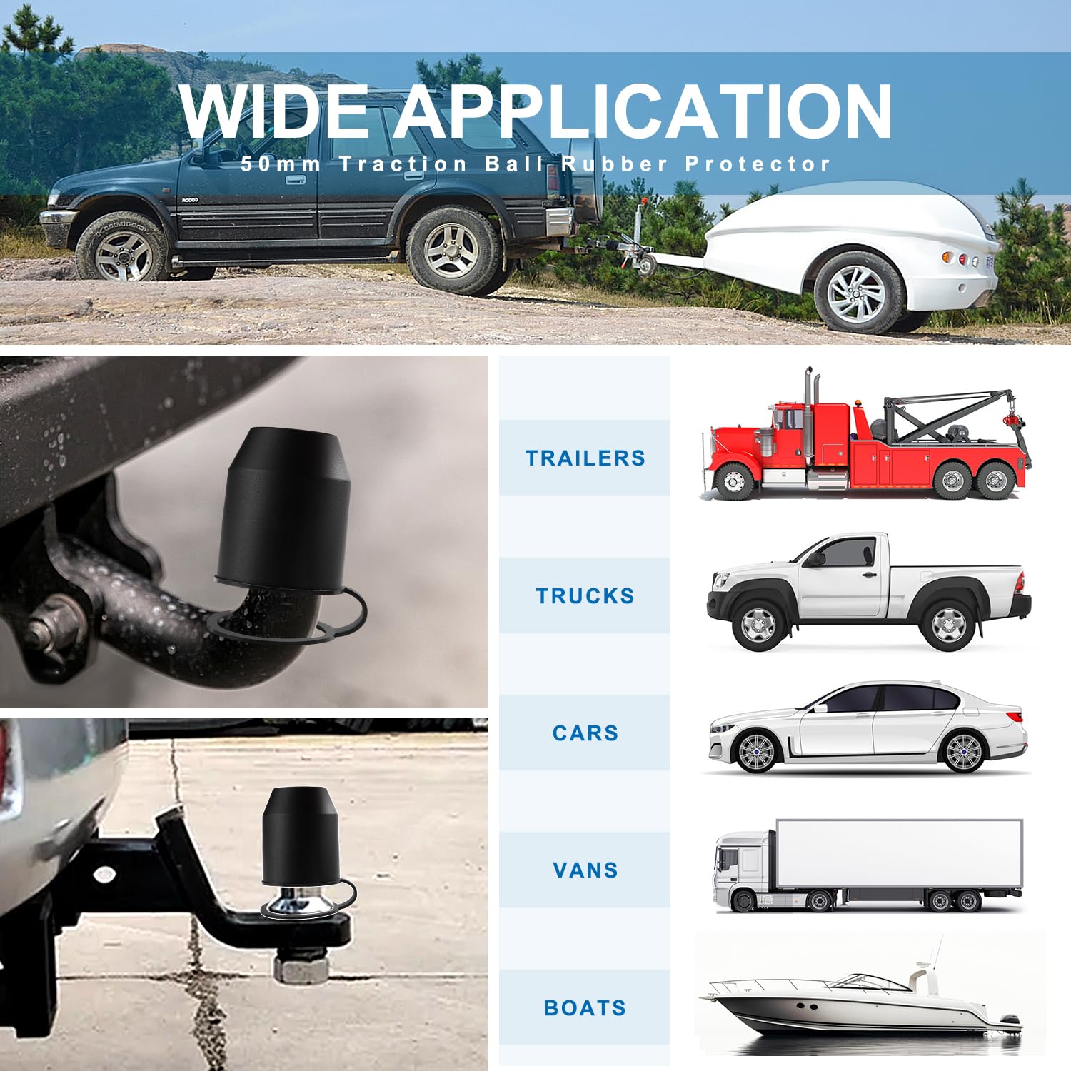 4 Coprigancio Traino Universali 50mm Con Anello Di Sicurezza – Protezione Antiruggine E Antigrasso Per Auto, Camper, Rimorchio – Colore Nero - 5