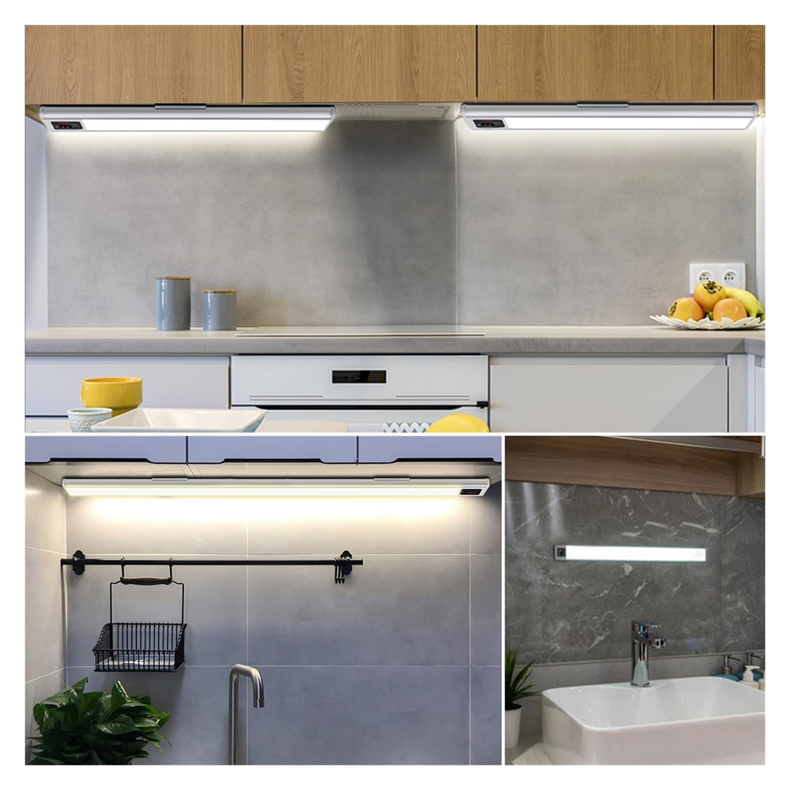 Luz LED For Armario De Cocina, Led Barrido Manual, Recargable Por USB, Iluminación Aluminio Negro, Debajo Armarios, 20/40/60CM Detector De Movimiento(Cold White Light,60CM_SILVER1)