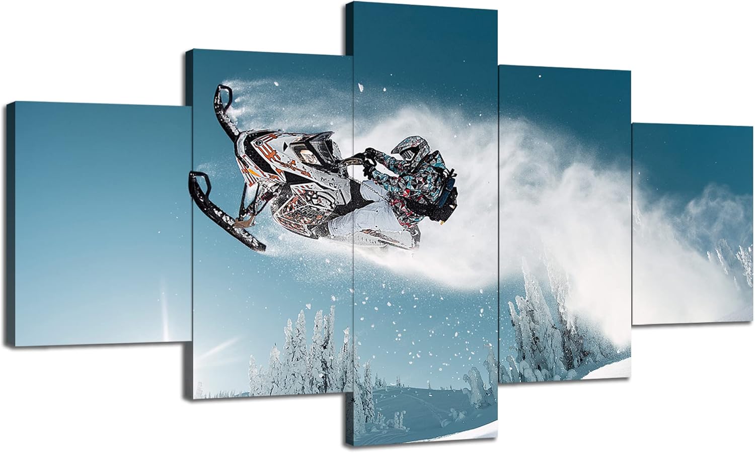 Snowmobile Wall Art Snowmobiling Photography Wall Decor Snowmobile Action Pictures Canvas Print Winter Sport Painting Poster Framed Home Living Room Bedroom Decoration(60''Wx32''H) 60Lx 32W-012