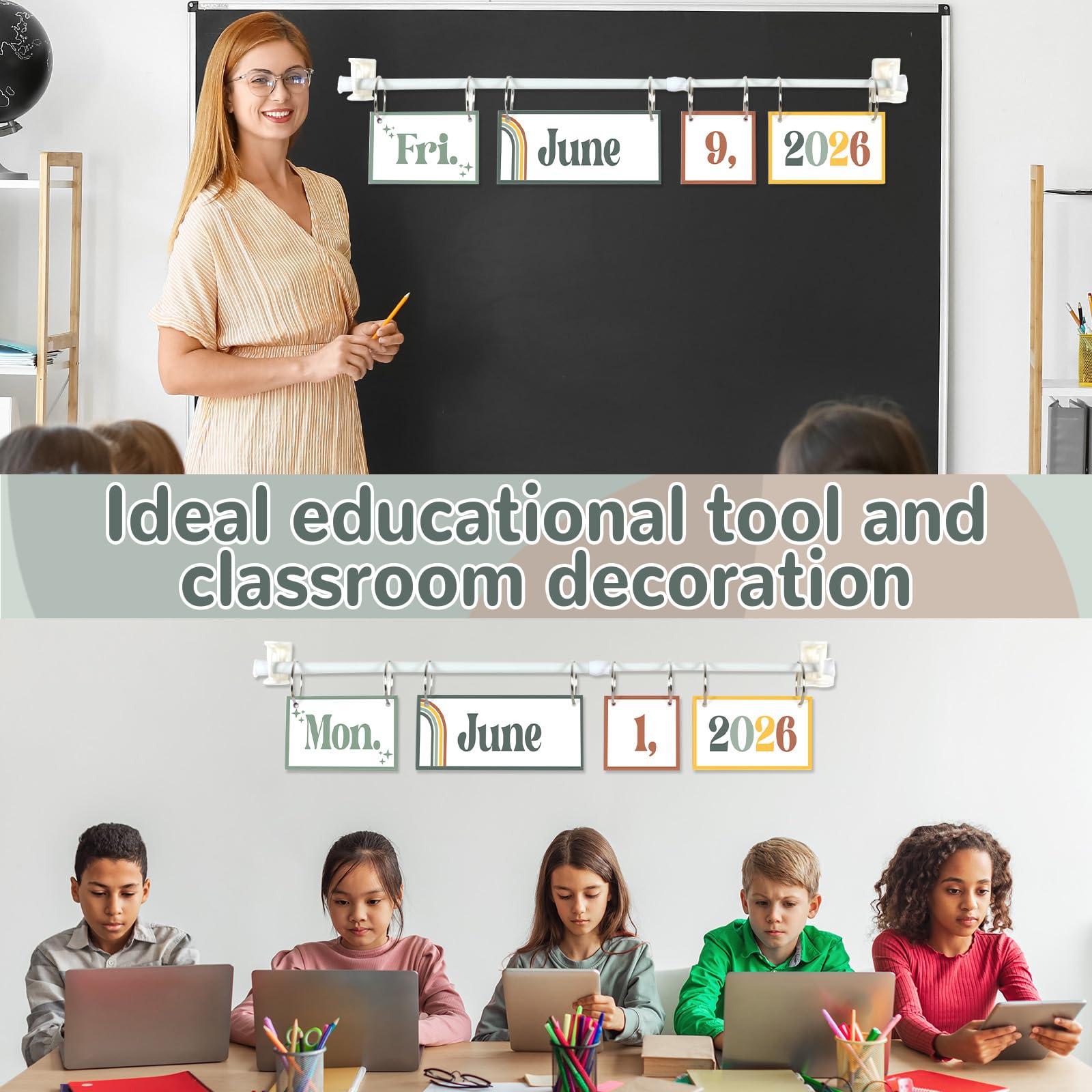 Set di calendari bohémien moderni e bohémien, con supporto, decorazione per aula bohémien, con 54 biglietti per data, supporto regolabile per calendario per aula e la casa