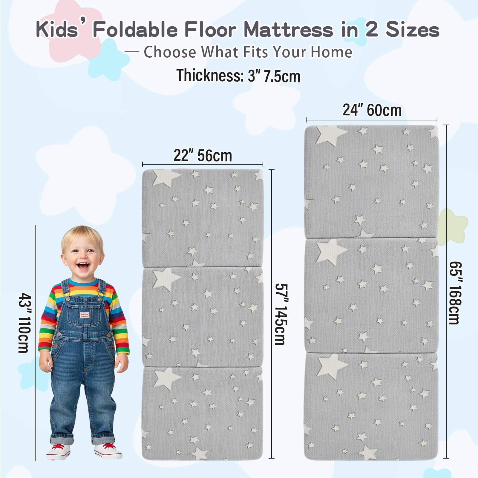 Tiita Trifold Bodenmatratze für Kinder, 145 x 56 x 8 cm Glow in The Dark Baby Kinder Futon mit abnehmbarem Bezug, Portable Schaumstoff Kleinkind Nap Matte mit Aufbewahrungstasche, Grey Star