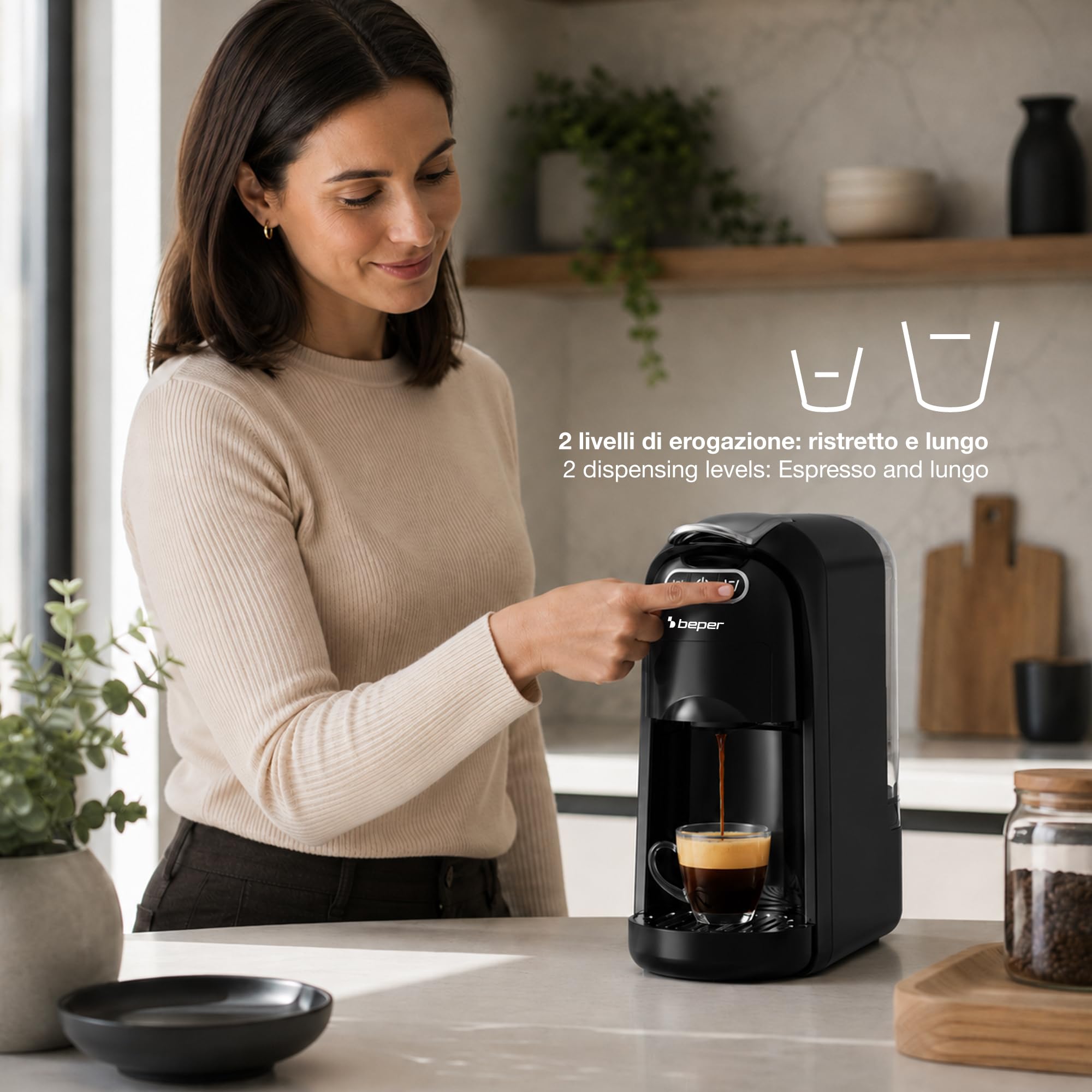 BEPER P101CAF200 Cafetera Espresso Amata 4 en 1, 20 bares, compatible con cápsulas Nespresso® y Dolce Gusto®, monodosis ESE y café molido, 1400 W, depósito de 700 ml