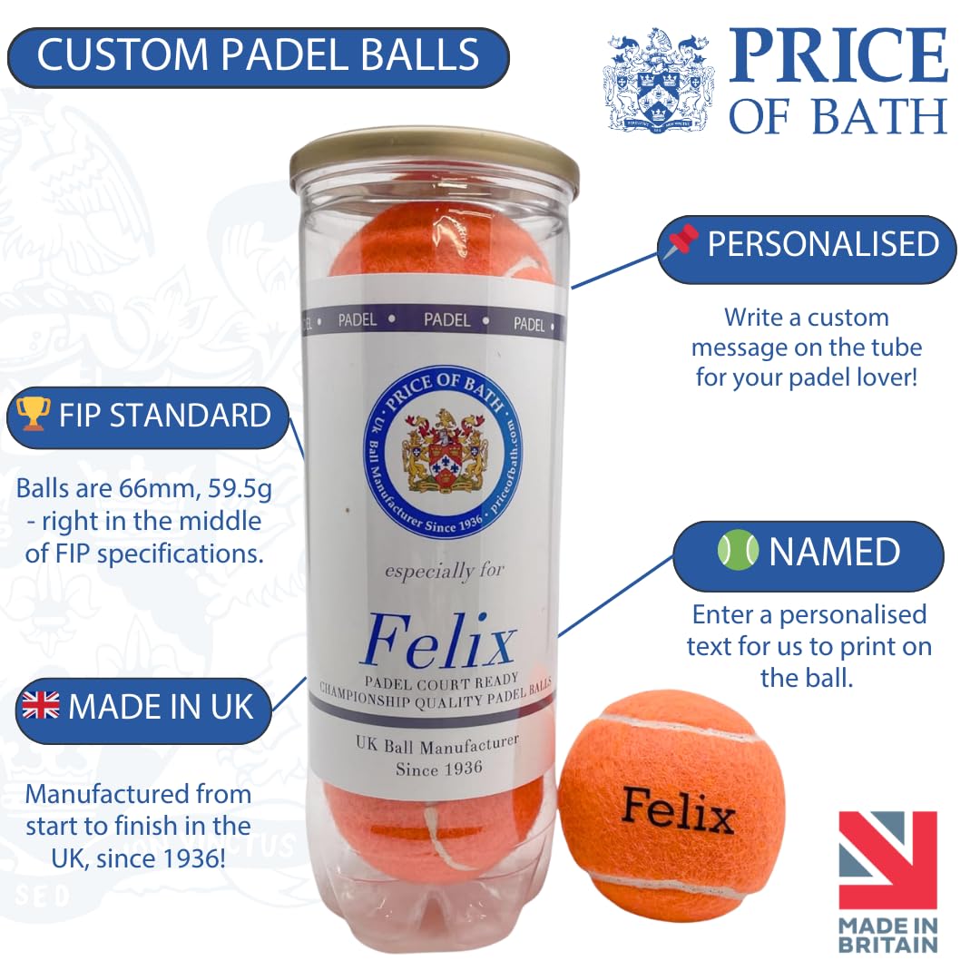 3 Pelotas de Pádel Personalizadas en un Tubo Etiquetado | ¡Imprime un Texto Personalizado! | Amarillo, Rojo, Verde, Rosa y Naranja | Fabricadas en el Reino Unido | FIP Standard |