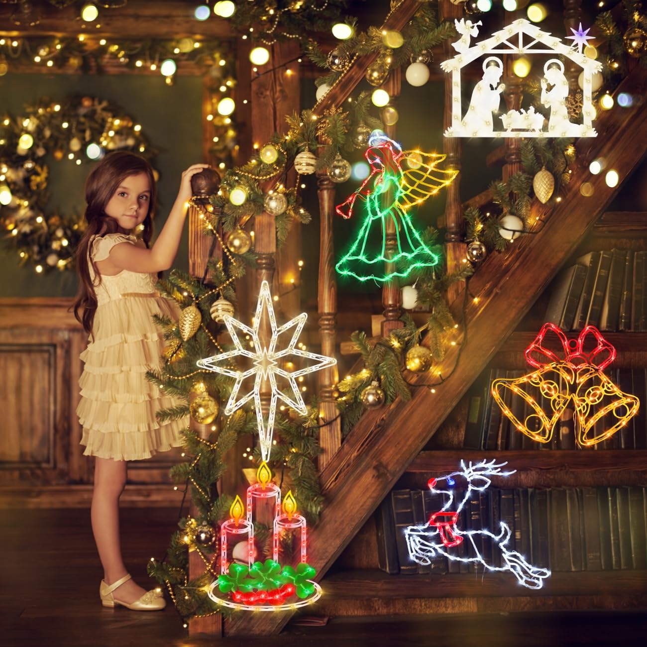 Luces de silueta de ventana de Navidad de 16 pulgadas, paquete de 6 unidades de color iluminado reno y Belén estrella y nacimiento y vela y ángel y campana para las vacaciones, decoración de