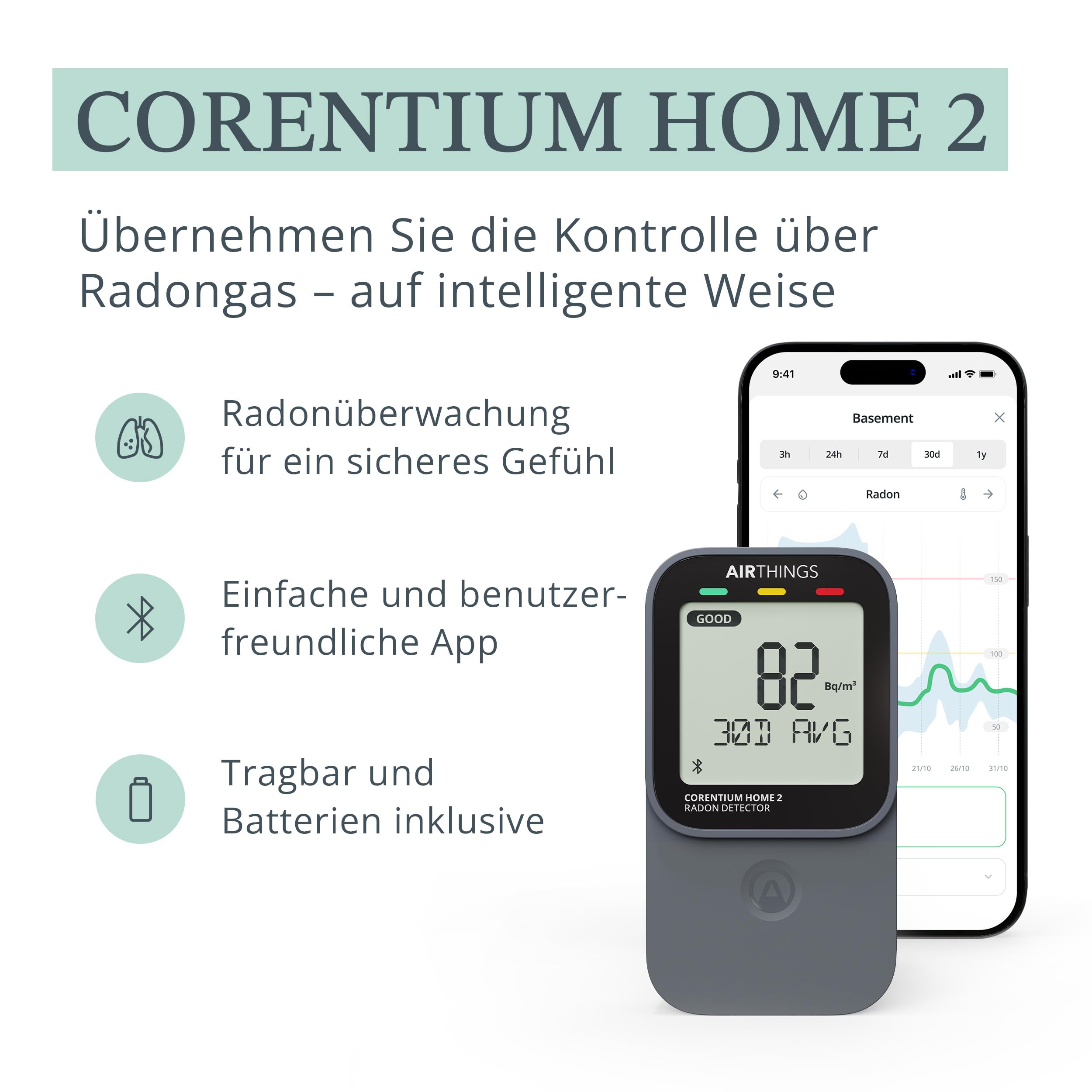 Airthings 325 Corentium Home 2 digitaler Radondetektor tragbar Bluetooth Luftfeuchtigkeit Temperatursensor