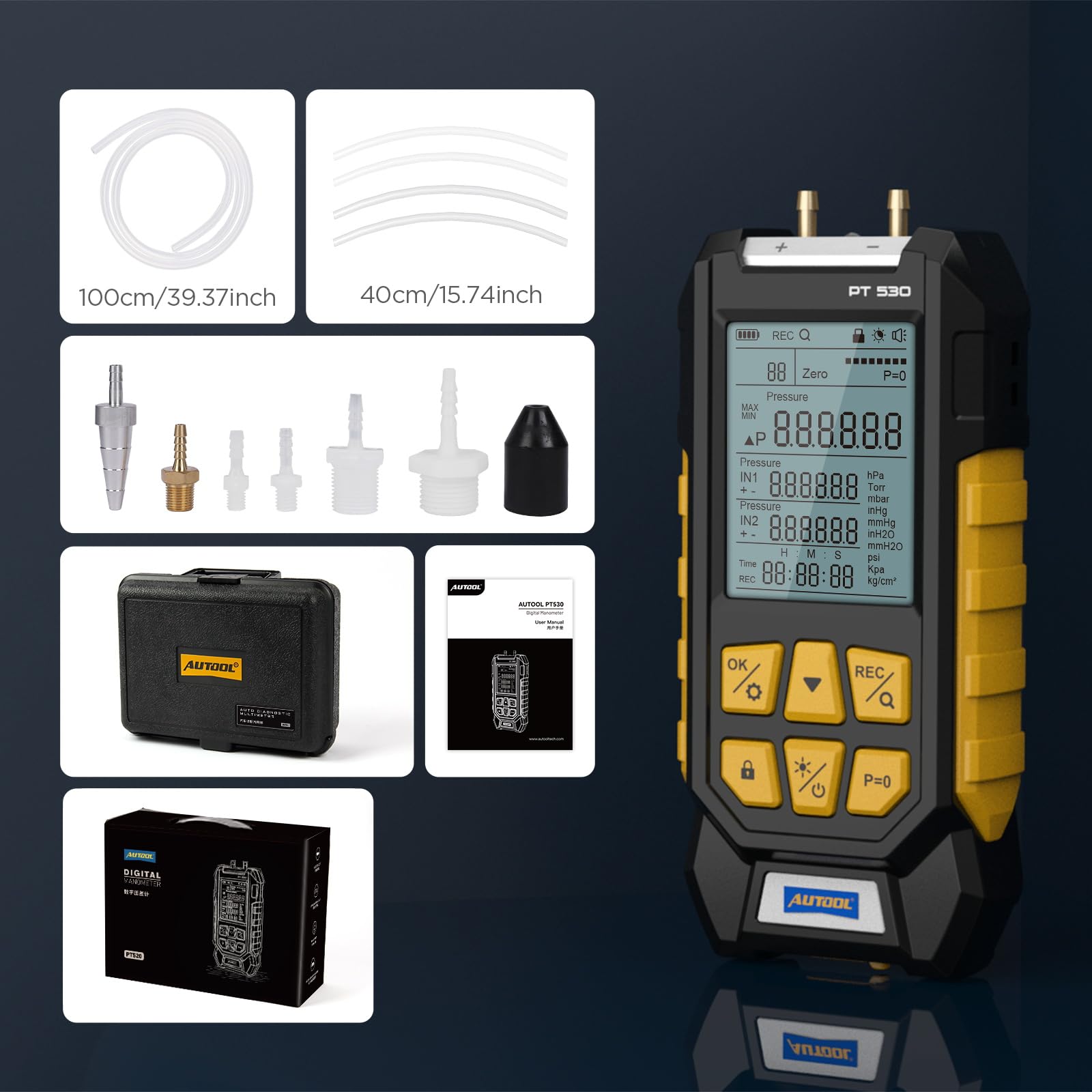 AUTOOL Manómetro de presión de gas, manómetro digital HVAC de -100 a 300 Kpa, manómetro de pieza de campo diferencial dual, bloqueo de datos y almacenamiento con parte trasera magnética, 7 accesorios