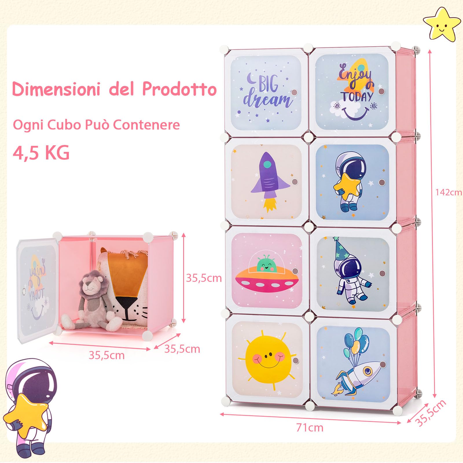 COSTWAY Armadio Portatile per Bambini, Organizzatore Modulari per Bambini a 8 cubi con Ante e Sezione Appendiabiti, Guardaroba Portatile per Sala Giochi Camera da Letto Asilo, 71x35,5x142 cm (Rosa)