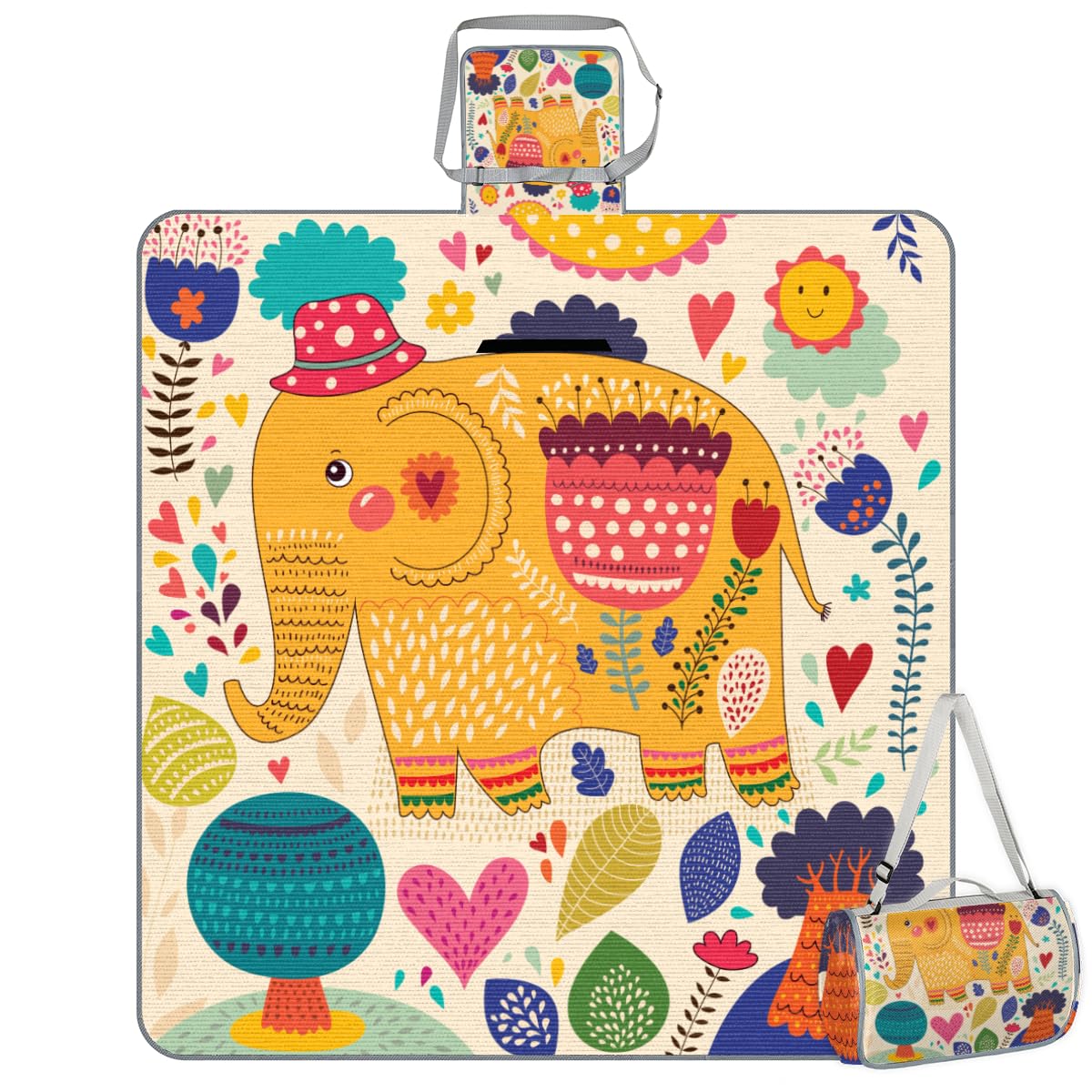 Shimoshe Picnic Blankets 57”x 59”, Colorful Pattern Elephant Waterproof Sandproof Picnic Mat Lightweight Foldable Beach Blanket for Camping Park Grass Beach Outdoor Blanket