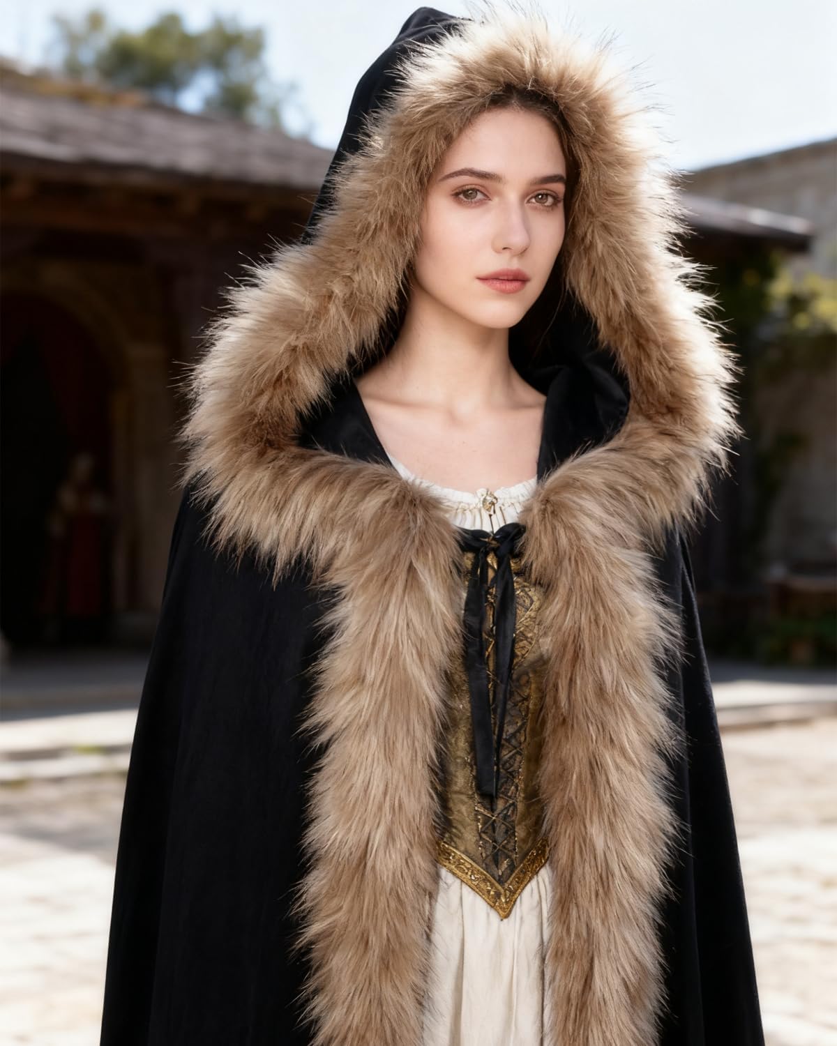 Joukavor Viking Fur Hooded Cloak Medieval Velvet Cape with Hood for Halloween - Image 2