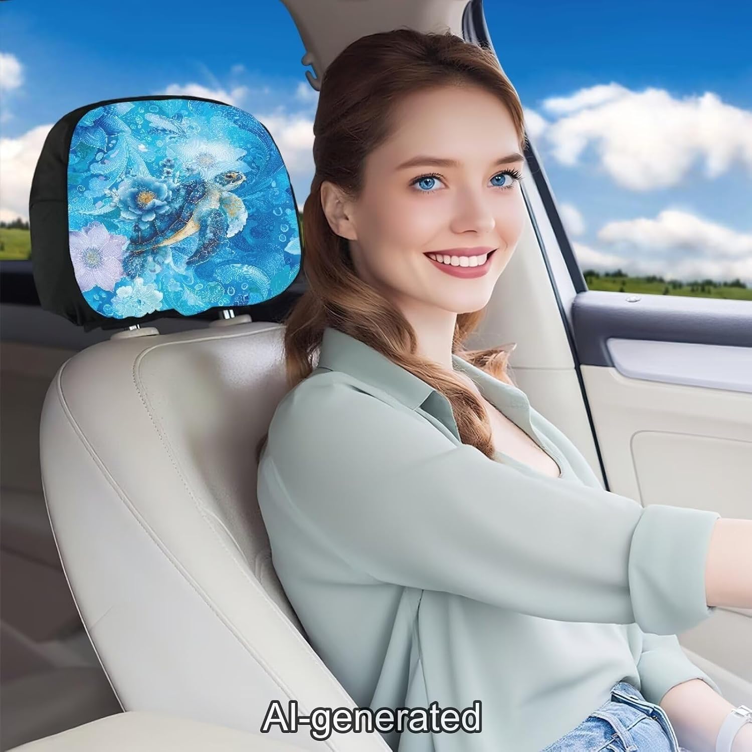 Blue Sea Turtle Car Headrest Covers Personalized Car Seat Head Protector Easy Installation Interior Accessories Universal Halloween Christmas Decoration image 2