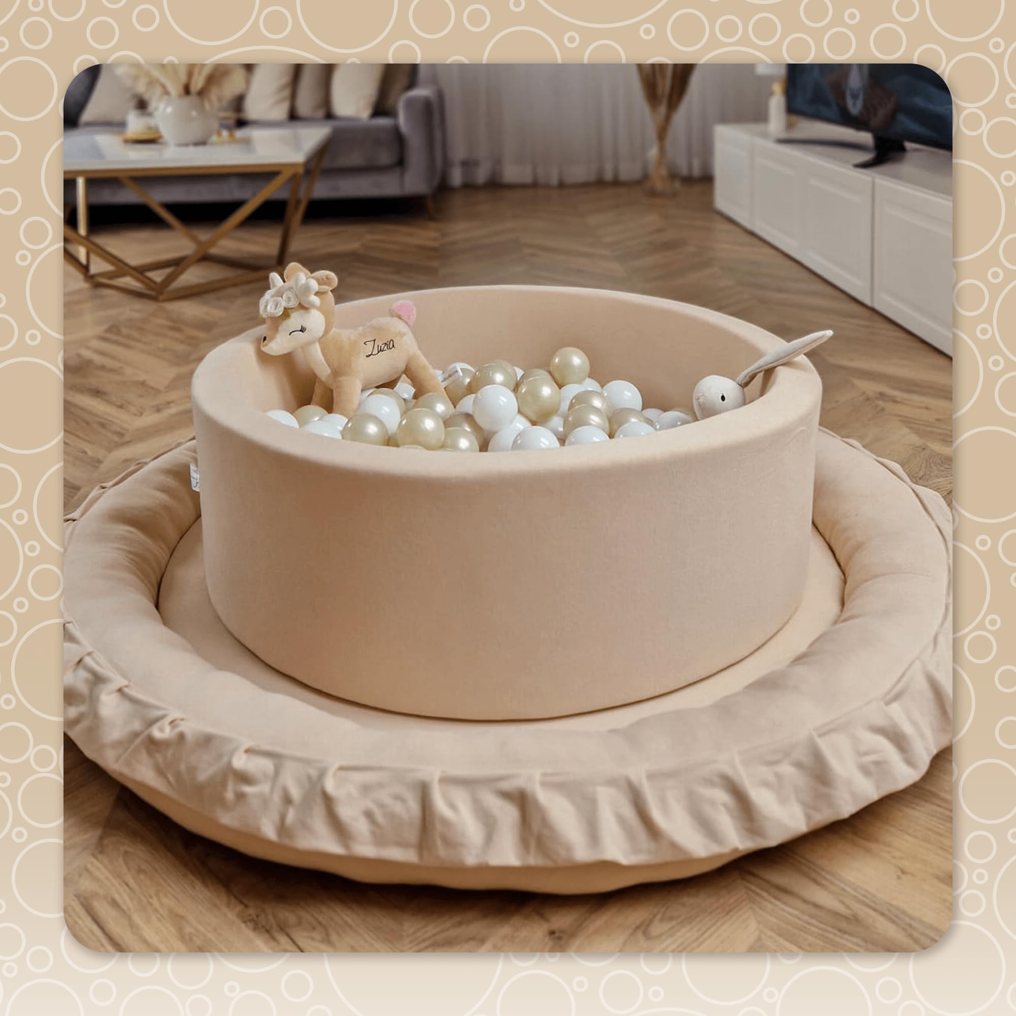 Mimii Bällebad 90x30cm 200 Bälle für Baby - Schaumstoff Bällepool für Kinder - Baby Ballgruben - Spielzeug Abnehmbar und Waschbar - Beige: Bällen Transparent/Hellgolden/Schillernd
