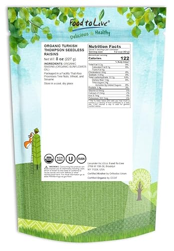 Miniatura 8 de Pasas orgánicas turcas, 2.5 libras, uvas seleccionadas sin semillas Thompson secadas al sol, sin OMG, crudas, sin azúcar añadido, sin pesticidas,