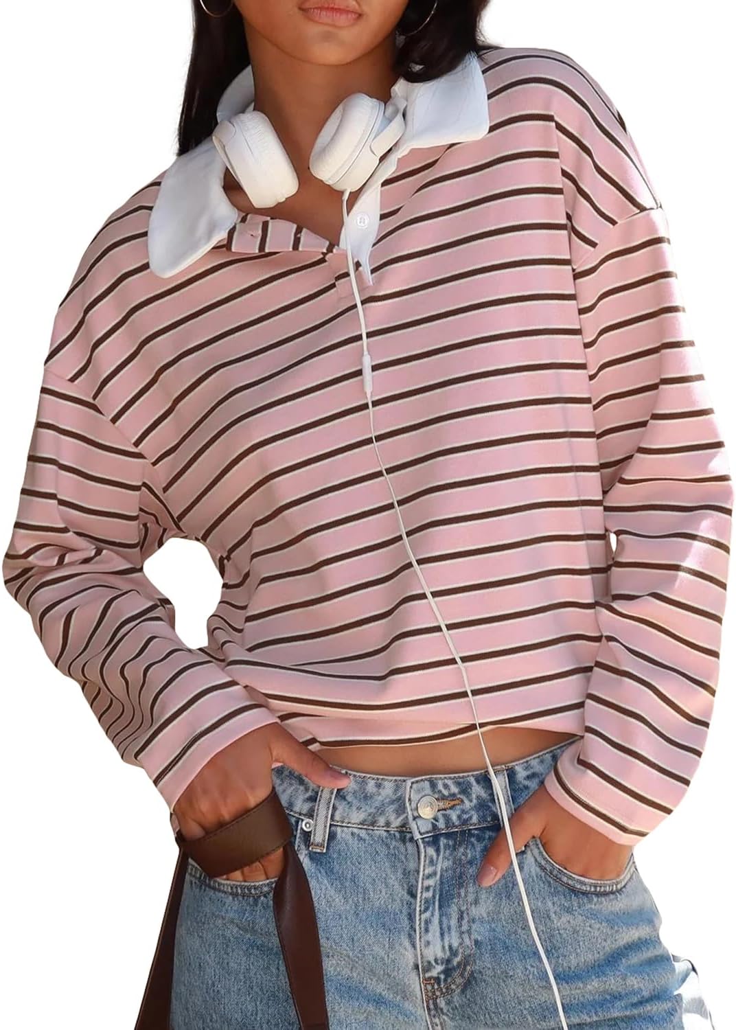 Cioatin Women Oversized Y2K Striped Rugby Polo Shirt Tops Long Sleeve Button Collar Sweatshirt Preppy Pullover Fall Outfits - Image 2